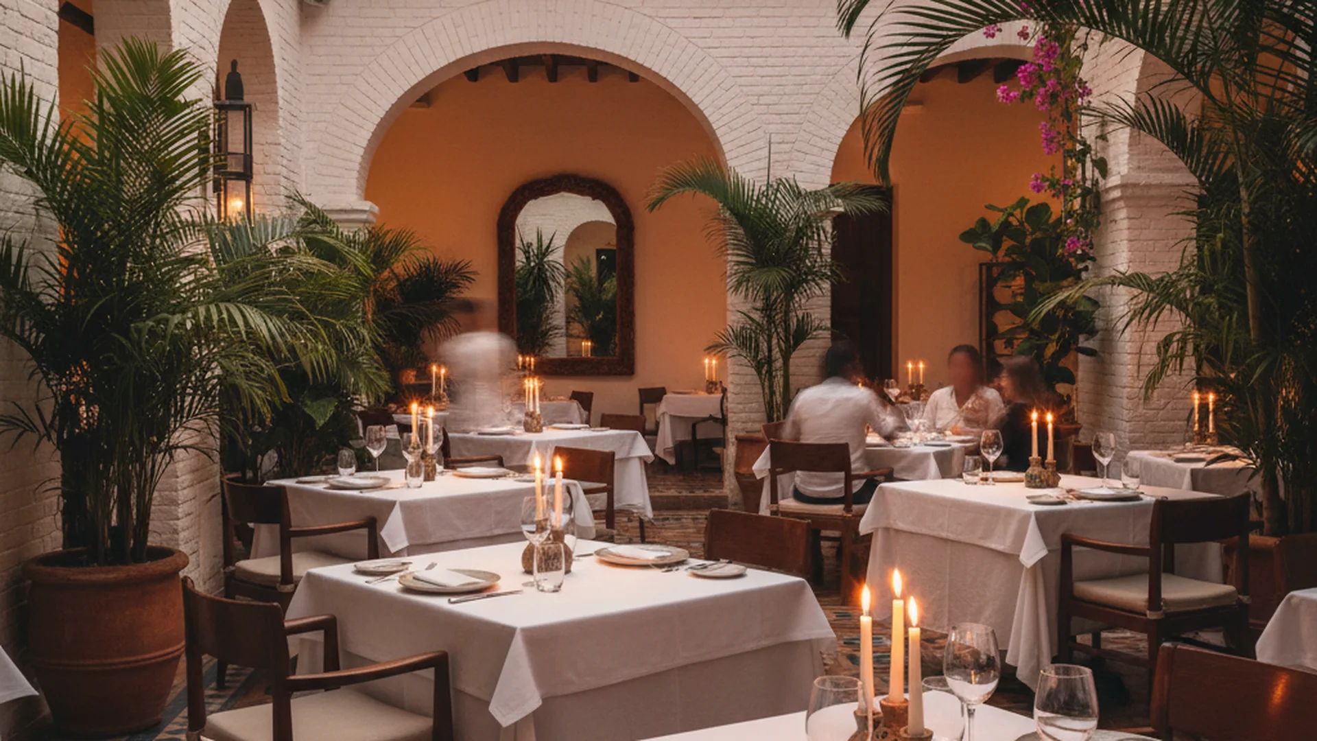 Restaurant table set for dinner