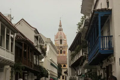 Charming colonial street view with historic cathedral tower in the background.