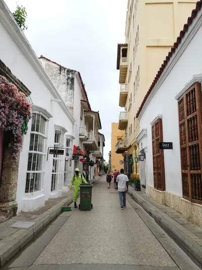 Picturesque old town street with vibrant architecture and people walking amid street vendors and flowers.