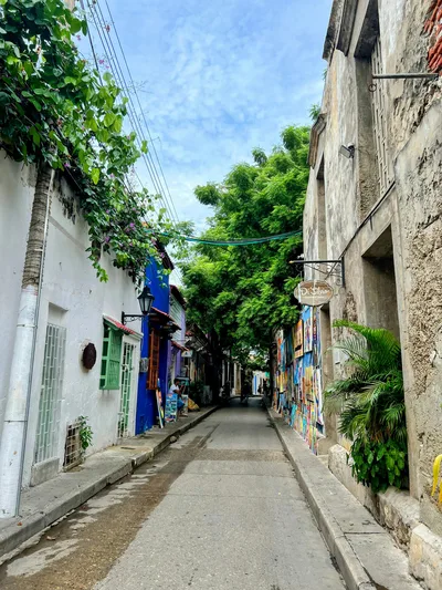 Vibrant street in a historic town featuring colorful walls, greenery, and narrow pathway.