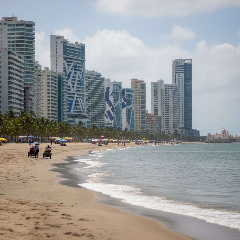 Bocagrande beach with high-rise hotels and vendors, Cartagena