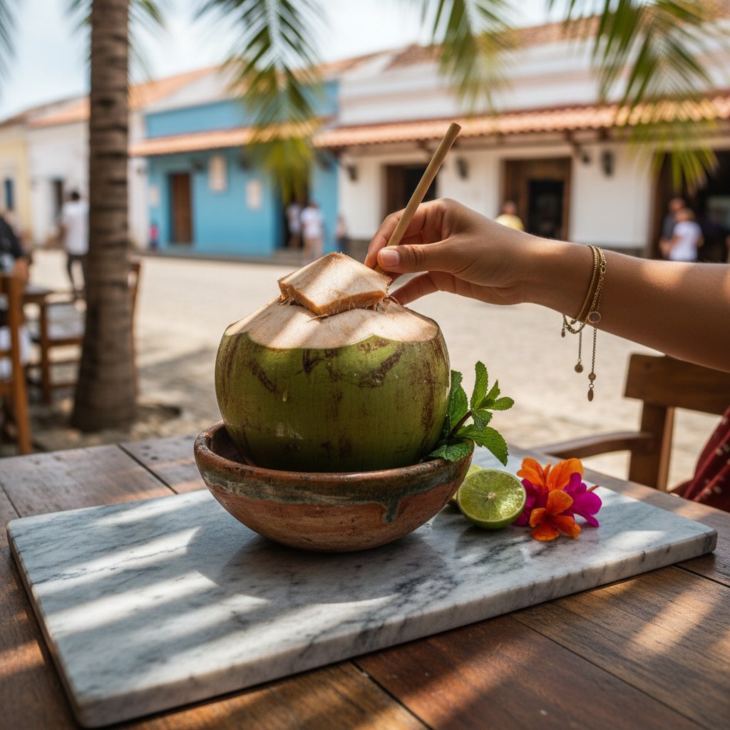 Agua de coco green coconut street vendor in Cartagena